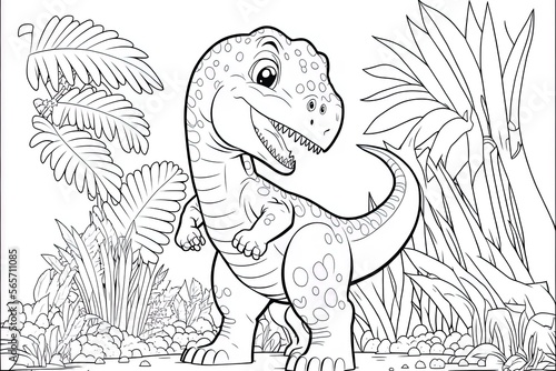 Cute baby dinosaur coloring page template. Cute tyrannosaur on abstract floral background.