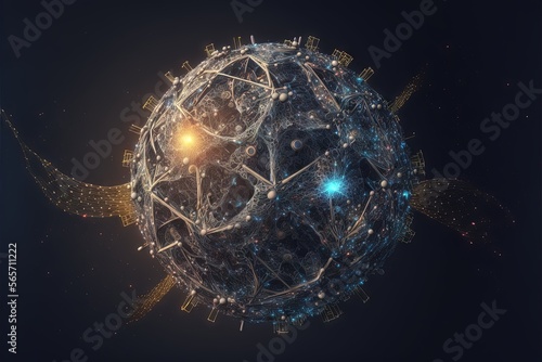  a sphere with a lot of lines and dots on it, and a bright light shining on the top of it, and a black background with a blue and yellow line.  generative ai