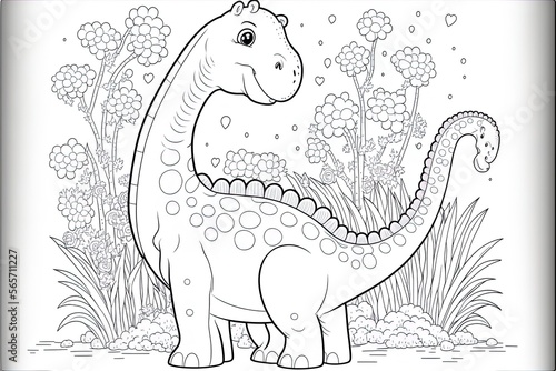 Cute baby dinosaur coloring page template. Cute diplodocus on abstract floral background. © Aleksey