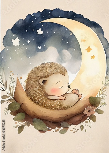 baby hedgehog dreaming surrounded by the woods, moon, clouds and stars, watercolor nursery decor, AI assisted finalized in Photoshop by me