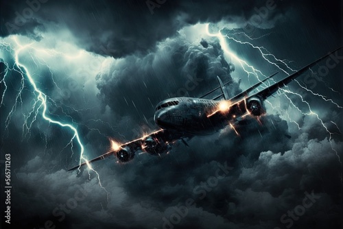  a plane flying through a storm with lightning in the background and a cloud of clouds behind it, with a plane in the foreground. generative ai