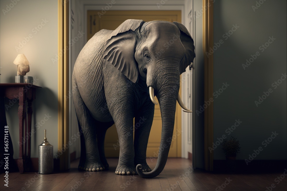  an elephant standing in a room with a door open and a lamp on the floor next to it and a door way behind it and a table with a lamp on it.  generative ai