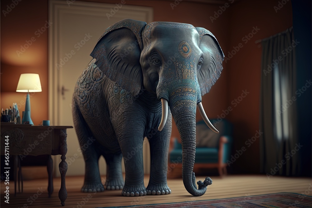 an elephant standing in a room with a lamp on the floor and a chair in the background with a table and chair in the foreground.  generative ai