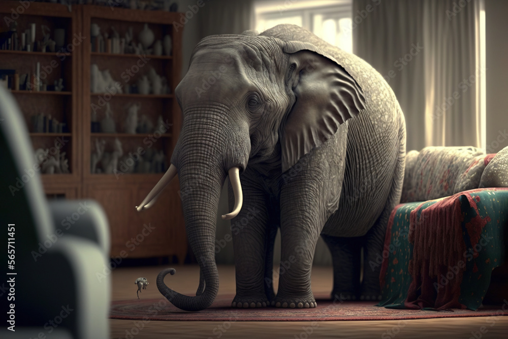  an elephant standing in a living room next to a couch and a chair with a bookcase in the background and a window with curtains.  generative ai