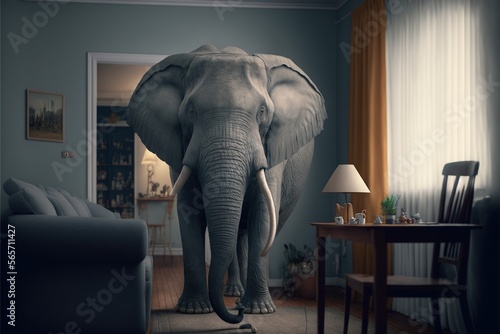  an elephant standing in a living room next to a table and chair with a lamp on it s side and a chair in the background.  generative ai