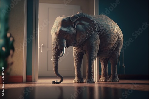  an elephant standing in a room with a door open and a door handle in the middle of the floor and a door in the background.  generative ai