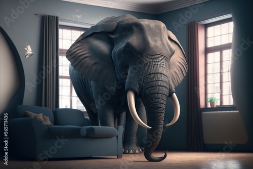  an elephant standing in a room with a chair and window behind it, with a chair and a couch in the background, and a window with a butterfly flying in the background. generative ai
