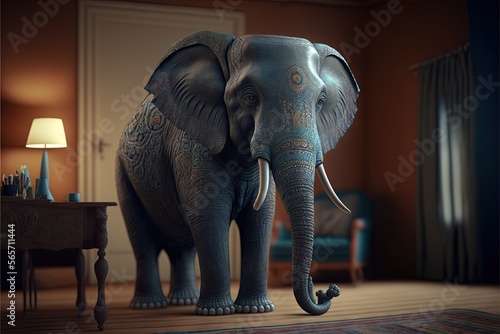  an elephant standing in a room with a lamp on the floor and a chair in the background with a table and chair in the foreground. generative ai