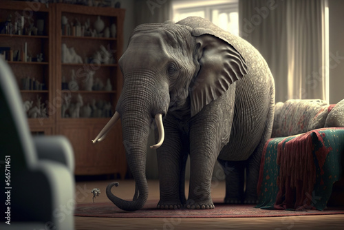  an elephant standing in a living room next to a couch and a chair with a bookcase in the background and a window with curtains. generative ai