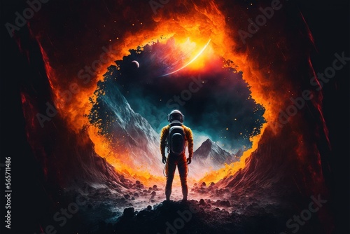  a man standing in front of a fire filled space with planets in the background and a bright orange ring around him that is surrounded by lava. generative ai