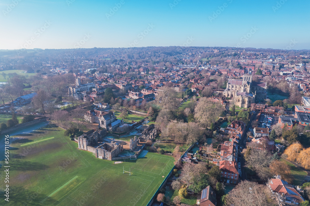 Beautiful aerial view of the famous English Heritage site, Wolvesey Castle, the Monumental remains, bishops of Winchester