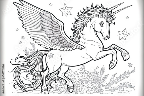 Cute pegasus unicorn with wings coloring book. Monochrome mythical horse with horn and wings.