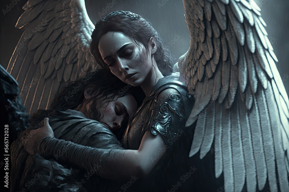 The Guardian Angel - Digital art of a guardian angel protecting a woman.  Generative AI. Stock-illustration