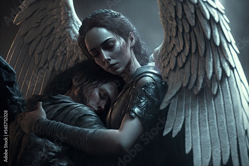 "The Guardian Angel" - Digital art of a guardian angel protecting a woman Fototapeta