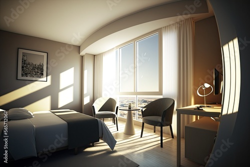 Modern hotel room, bedroom with view, luminous and spacious. Generative AI. photo