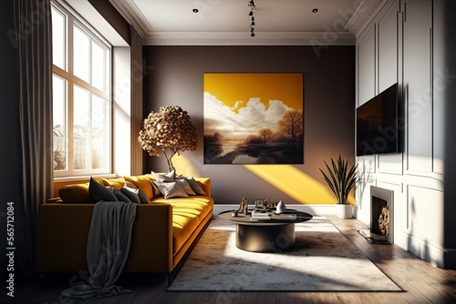Golden modern living room. White, gold and brown colors. Wooden floor, luminous and spacious interior design. Generative AI. photo