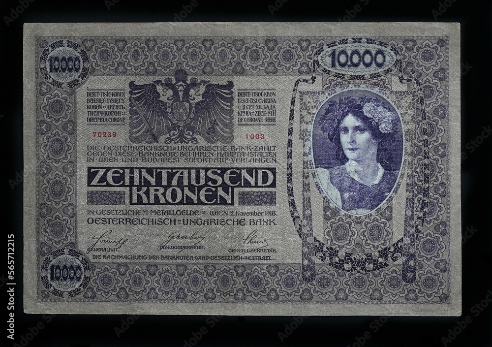 10000 Kronen Austro-Hungarian banknote 2 November 1918. Austro-Hungarian banknote Austrian side.