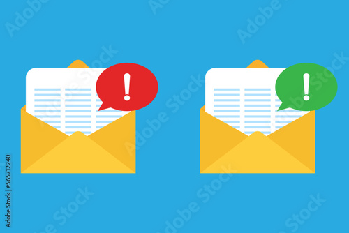 Letter icon with messages. Vector mail icons. Spam message. Red and green notification messages.