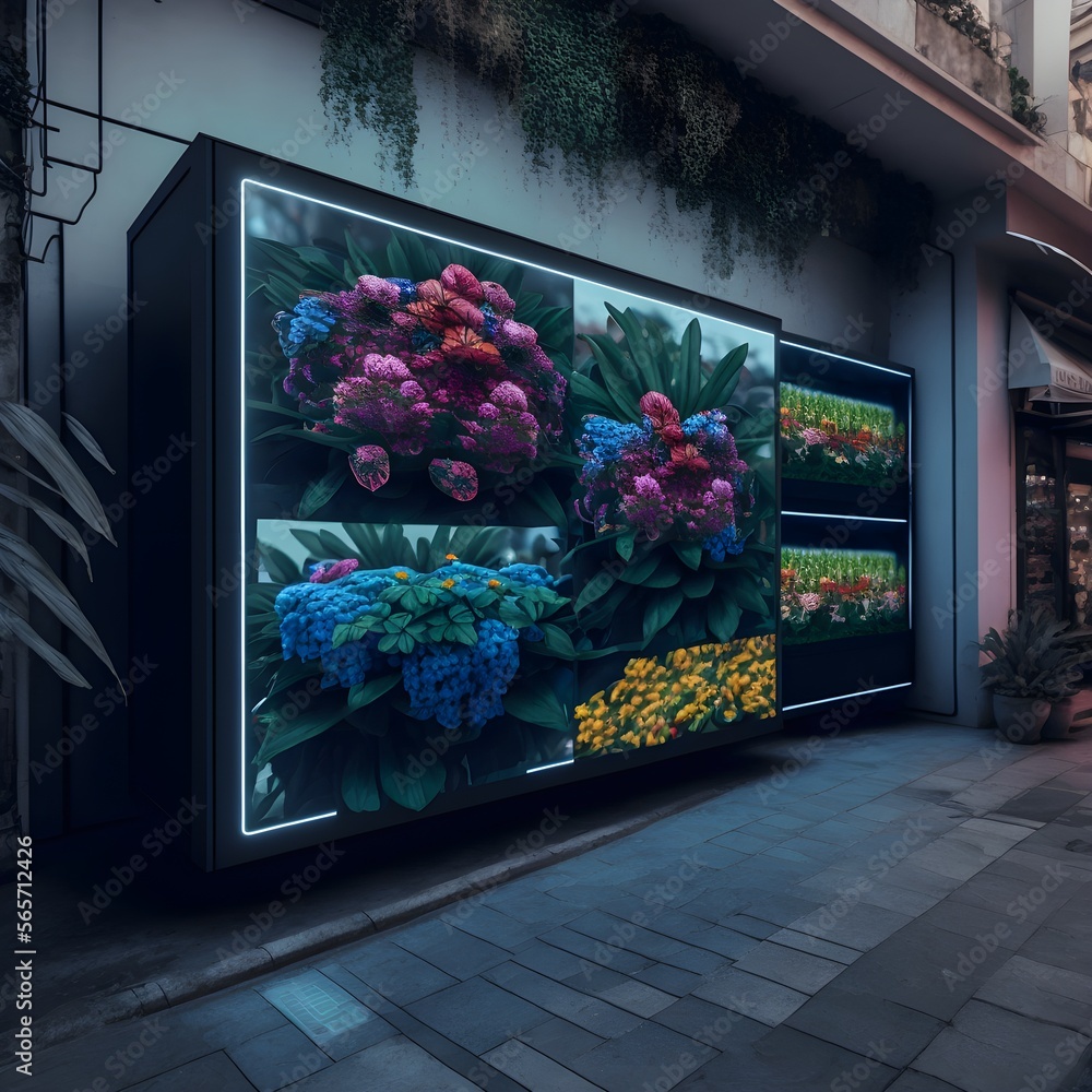 scifi humble Beirut flowershop in Hamra in 2050 selling LED screens of ...