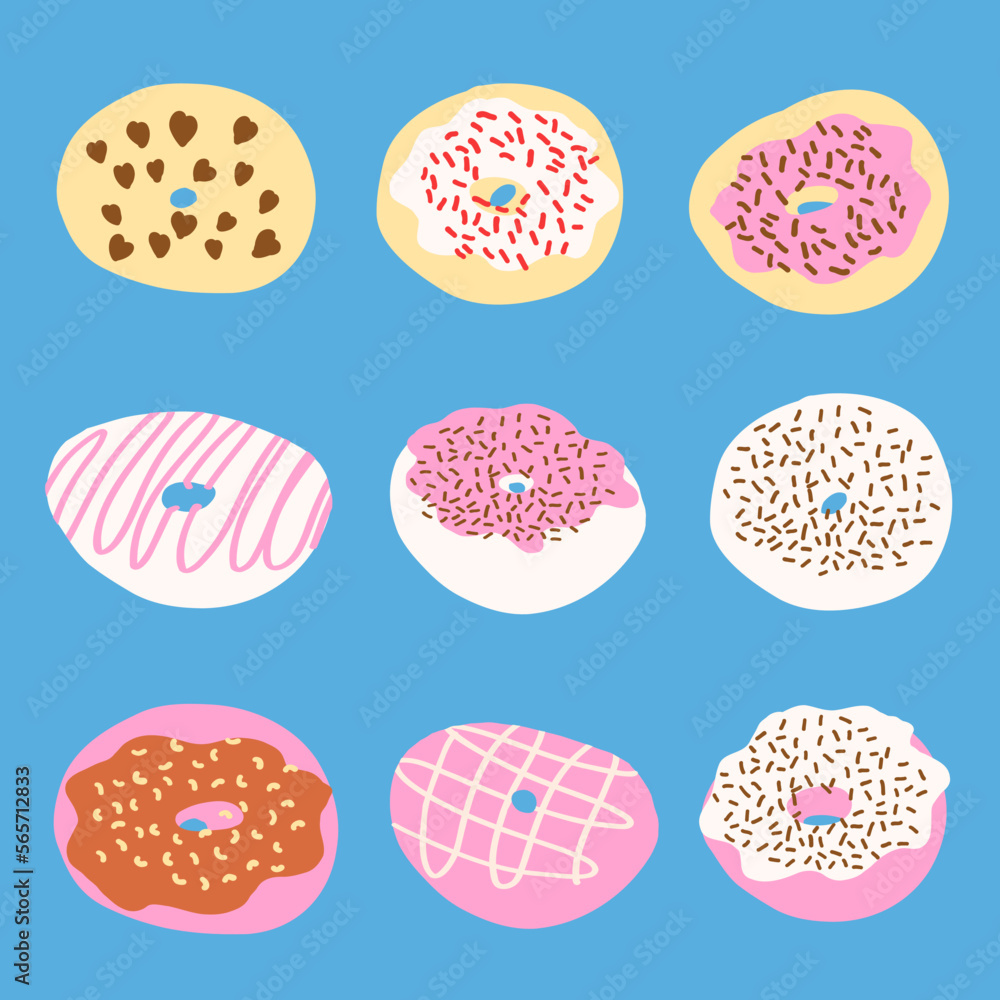 Donuts set in cartoon style. Vector illustration isolated on blue background.