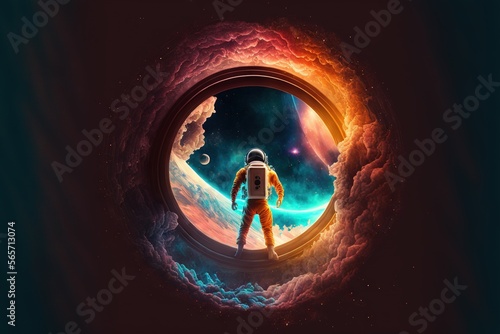  a man in a space suit standing in a hole in the sky with a planet in the background and clouds in the foreground, with a bright blue and orange hued sky.  generative ai © Shanti