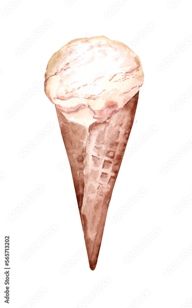Vanilla ice cream in a waffle cone. Watercolor hand drawn illustration of summer dessert Vanilla ice cream in a waffle cone. Watercolor hand drawn illustration of summer dessert