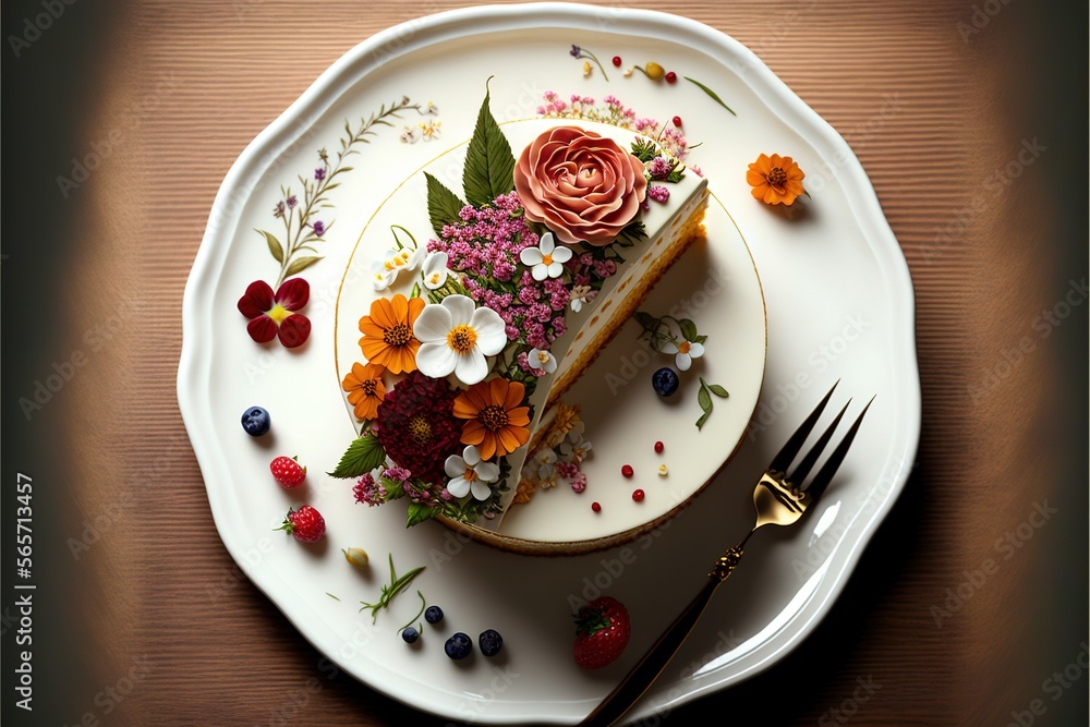  a piece of cake with flowers on a plate with a fork and knife on a table with a wooden surface and a wooden table top.  generative ai