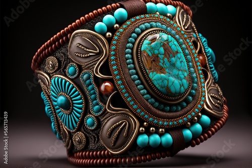  a bracelet with a turquoise stone and brown beads on it's side and a brown leather band around it, with a turquoise bead design on the clasp.  generative ai