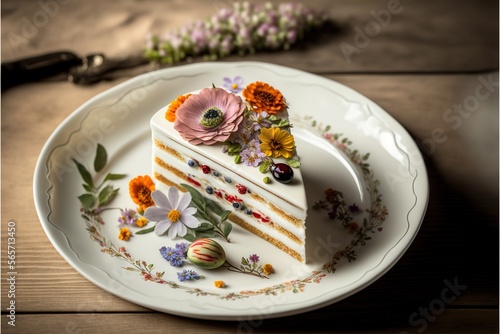 a piece of cake with flowers on a plate with a fork and knife on a table with a flower arrangement on it and a fork.  generative ai