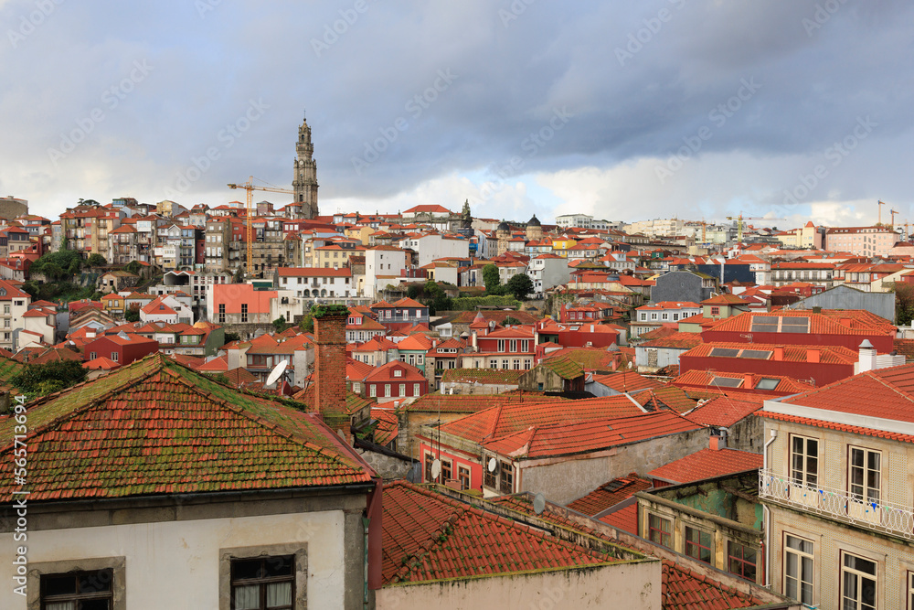 Historic centre, Porto, Portugal - center of town and city with high density of buldings and houses. Rooftop and tower of landmark and monument.