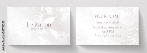Invitation card with white orchid flowers design. Floral horizontal vector template for wedding invite, Gift card, voucher, gift certificate