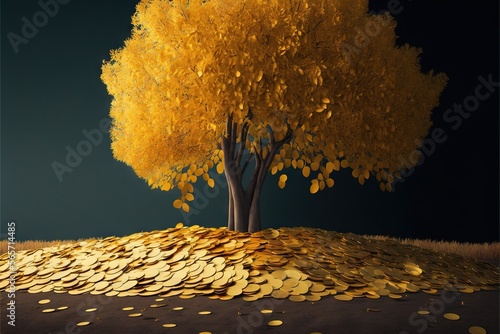  a tree with a lot of gold coins on it's ground next to a tree with a lot of gold coins on it's ground. generative ai