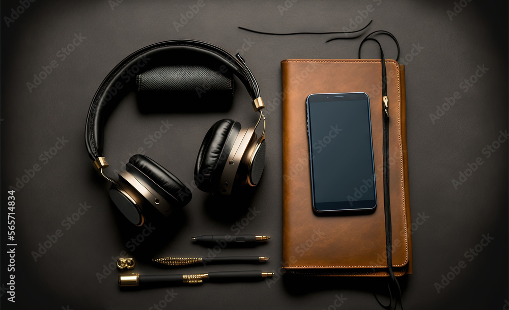 a cell phone, headphones, pen, and a notebook on a table with a pen and a pair of headphones on it. generative ai a cell phone, headphones, pen, and a notebook on a table with a pen and a pair of headphones on it. generative ai