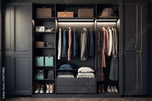  a closet with a lot of clothes and shoes on it and a hat on top of it and a suitcase on the floor next to it. generative ai
