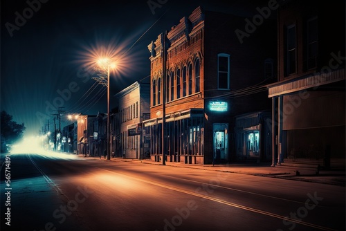  a street at night with a street light on the corner of the street and a building on the corner of the street with a street light on. generative ai