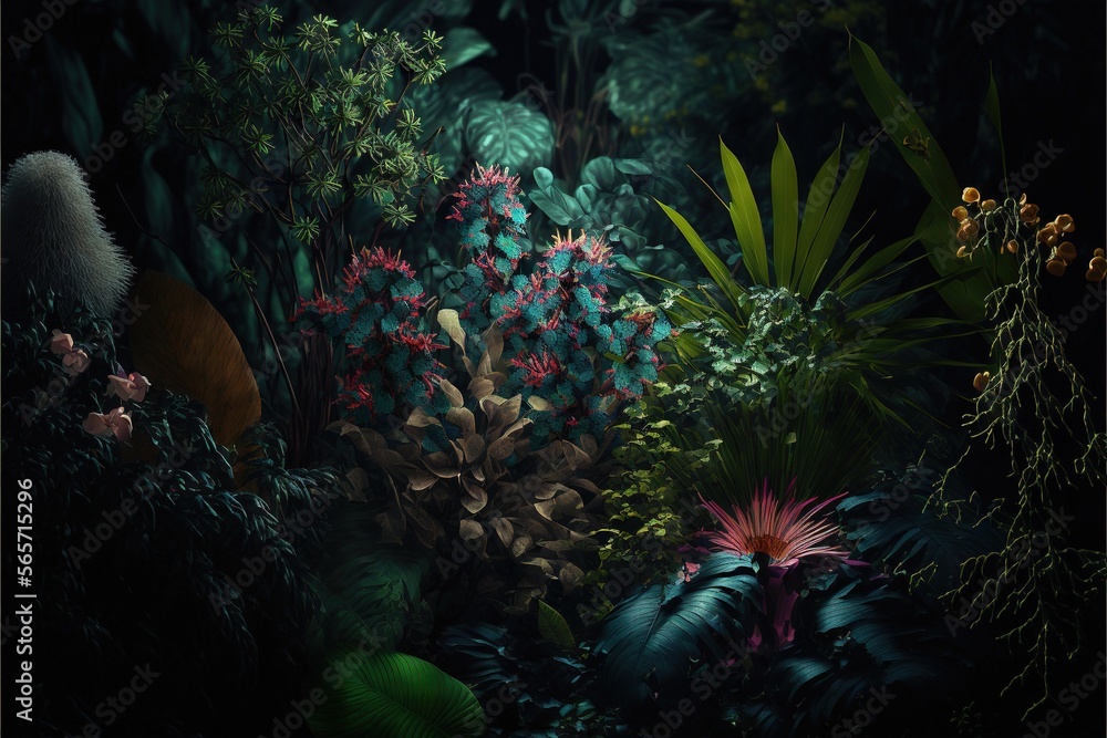  a painting of a forest with plants and flowers in it's center and a bird in the middle of the picture, with a dark background.  generative ai