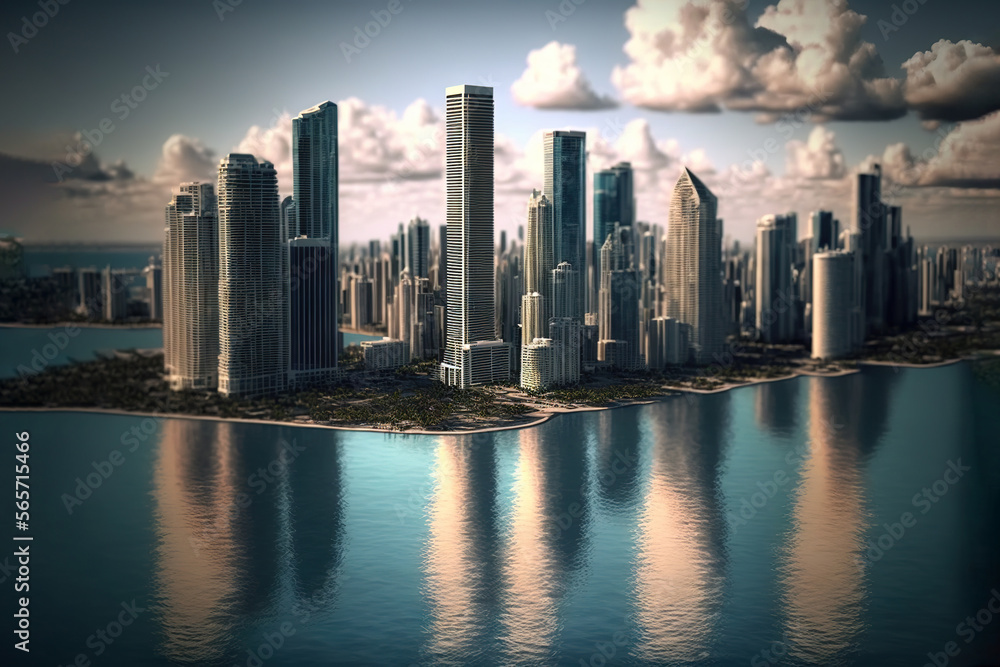  a city with a lot of tall buildings on it's sides and a body of water in front of it with clouds in the sky.  generative ai