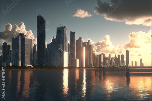  a city skyline with a body of water in front of it and clouds in the sky above it and a body of water in the foreground. generative ai