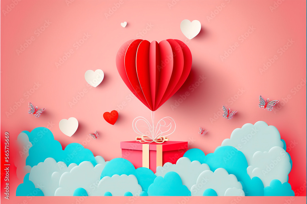 Air Balloon with Heart and Gift Box, Valentine's Day, Love is Love, Gift for Your Loved Ones