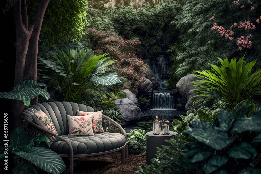  a chair sitting in a lush green forest next to a waterfall and a waterfall with a waterfall in the background and a waterfall in the middle.  generative ai