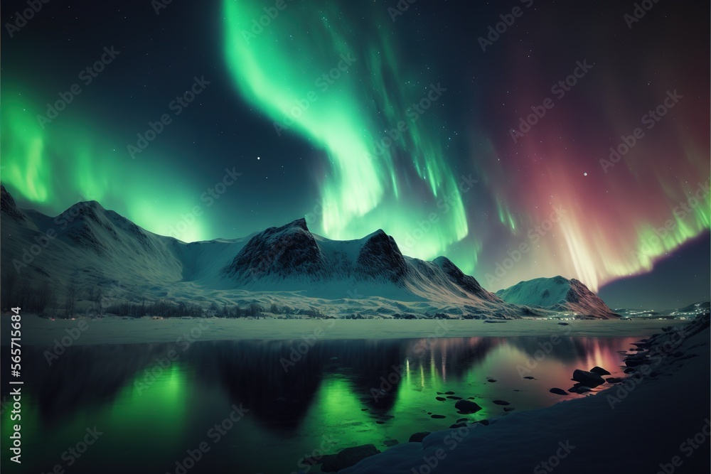  a beautiful green and purple aurora bore over a lake and mountains in the night sky with stars and clouds above it and a reflection in the water.  generative ai