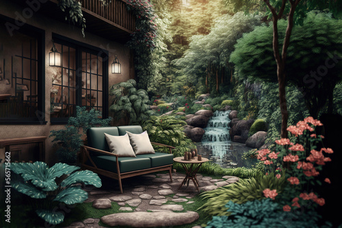  a painting of a garden with a couch and a waterfall in the background and a table with a lamp on it and a chair in the foreground.  generative ai
