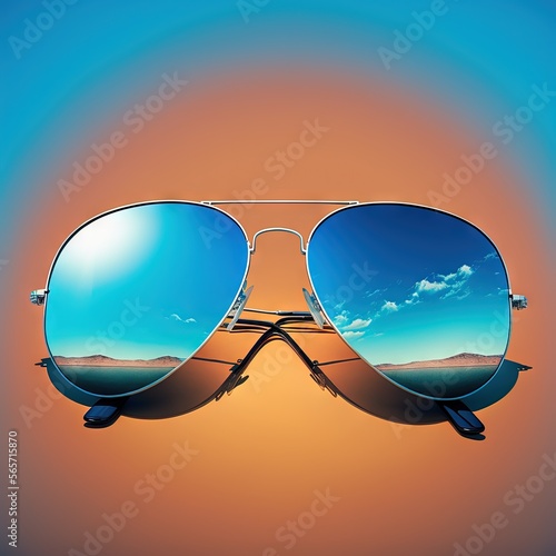  a pair of sunglasses with mirrored lenses on a blue background with a sky and clouds reflected in the lens of the sunglasses, which are reflecting the image of a desert. generative ai