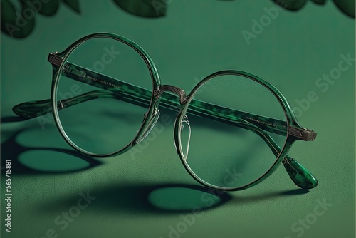  a pair of glasses sitting on top of a green surface with leaves on it and a shadow of the glasses on the ground behind it. generative ai