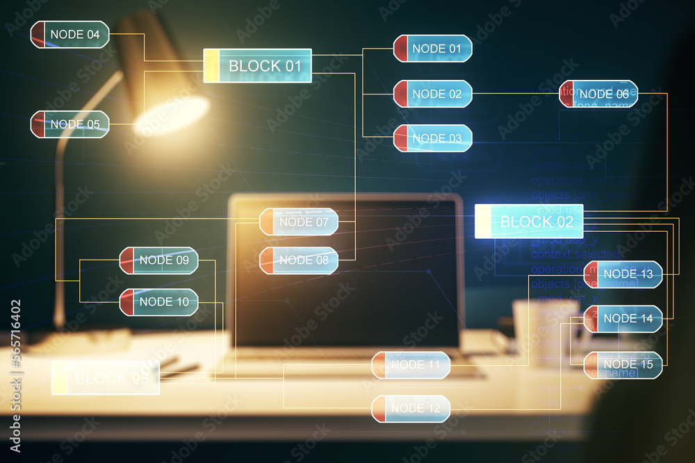 Multi exposure of abstract software development hologram on laptop background, research and analytics concept Multi exposure of abstract software development hologram on laptop background, research and analytics concept