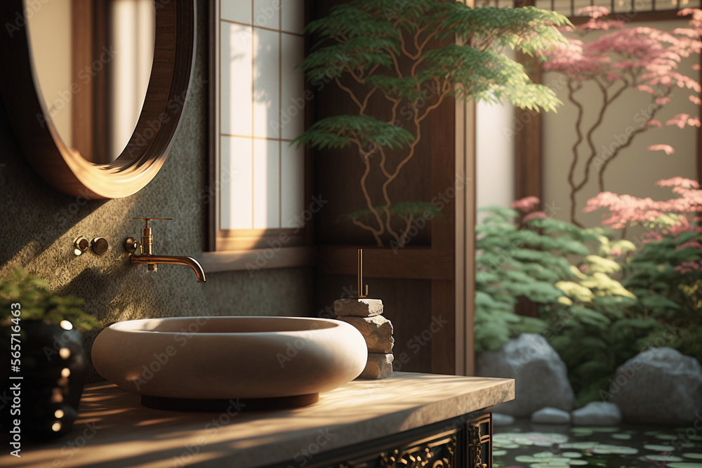 Beautiful Japanese bath room interior with a zen garden created with generative AI Stock
