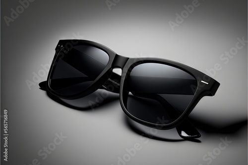  a pair of sunglasses sitting on top of a table next to a gray background with a shadow of the sunglasses on the ground and the side. generative ai
