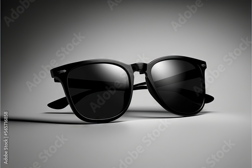  a pair of sunglasses sitting on top of a table next to a wall with a shadow on it and a gray background behind it,. generative ai
