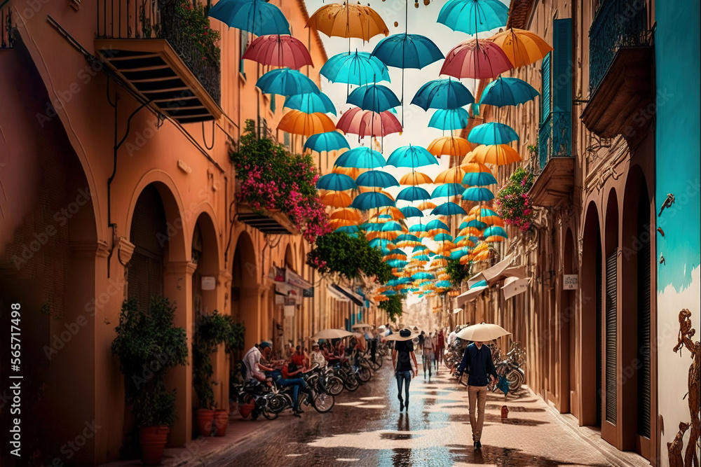  a street with many umbrellas hanging from the ceiling and people walking down the street with bikes parked on the side of the street and people walking on the sidewalk.  generative ai - obrazy, fototapety, plakaty 