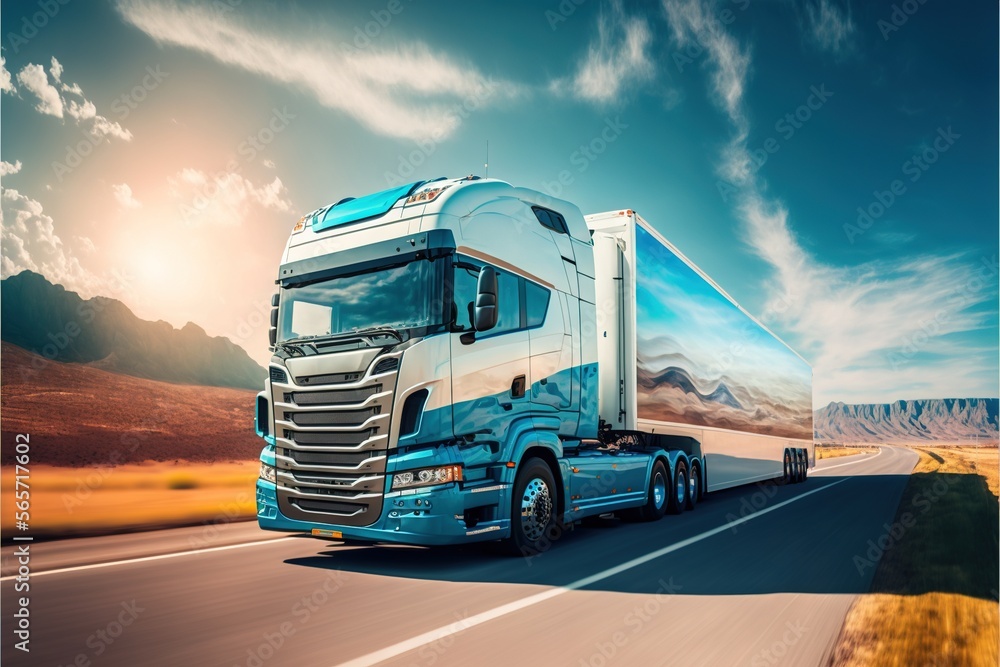  a semi truck driving down a highway with mountains in the background and a blue sky with clouds in the background and a sunlit sky.  generative ai